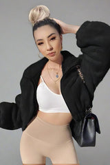 Short zip-up jacket with stand-up collar