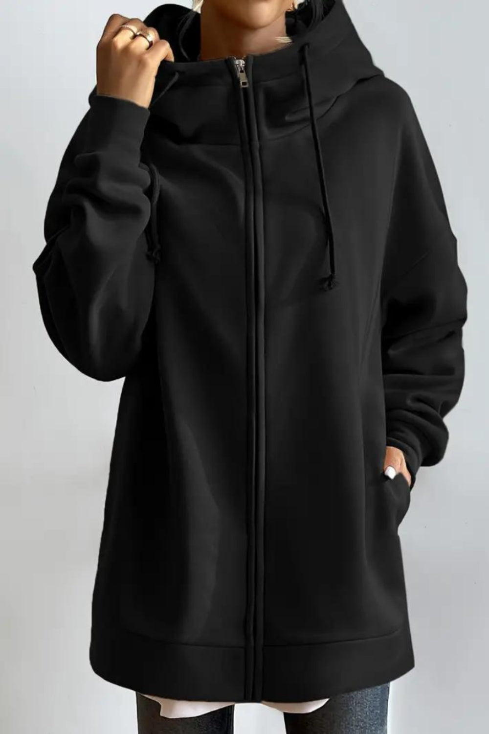 Long hoodie with high collar and zipper