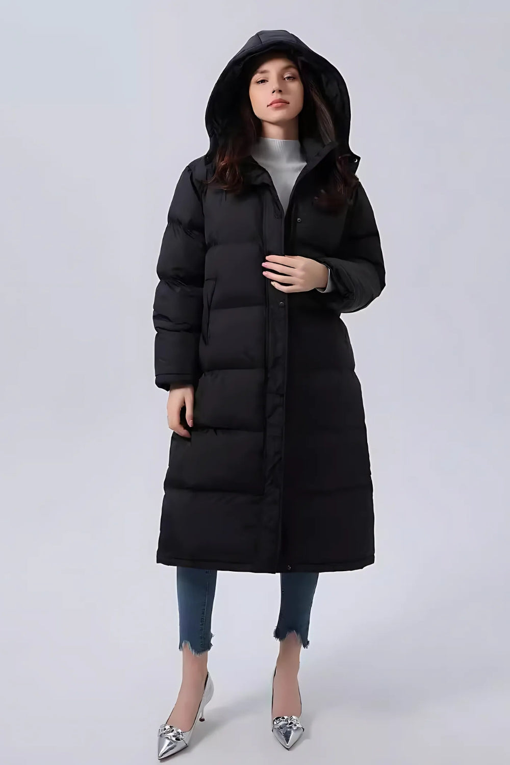 Black lined cotton coat with hood