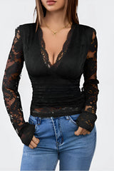 Black long sleeve ruched V-neck top