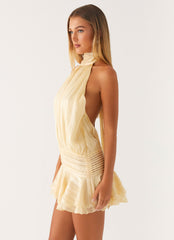 Yellow pleated backless mini dress
