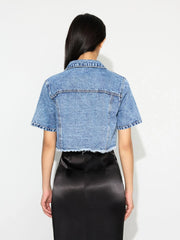 Light blue cropped denim jacket with short sleeves