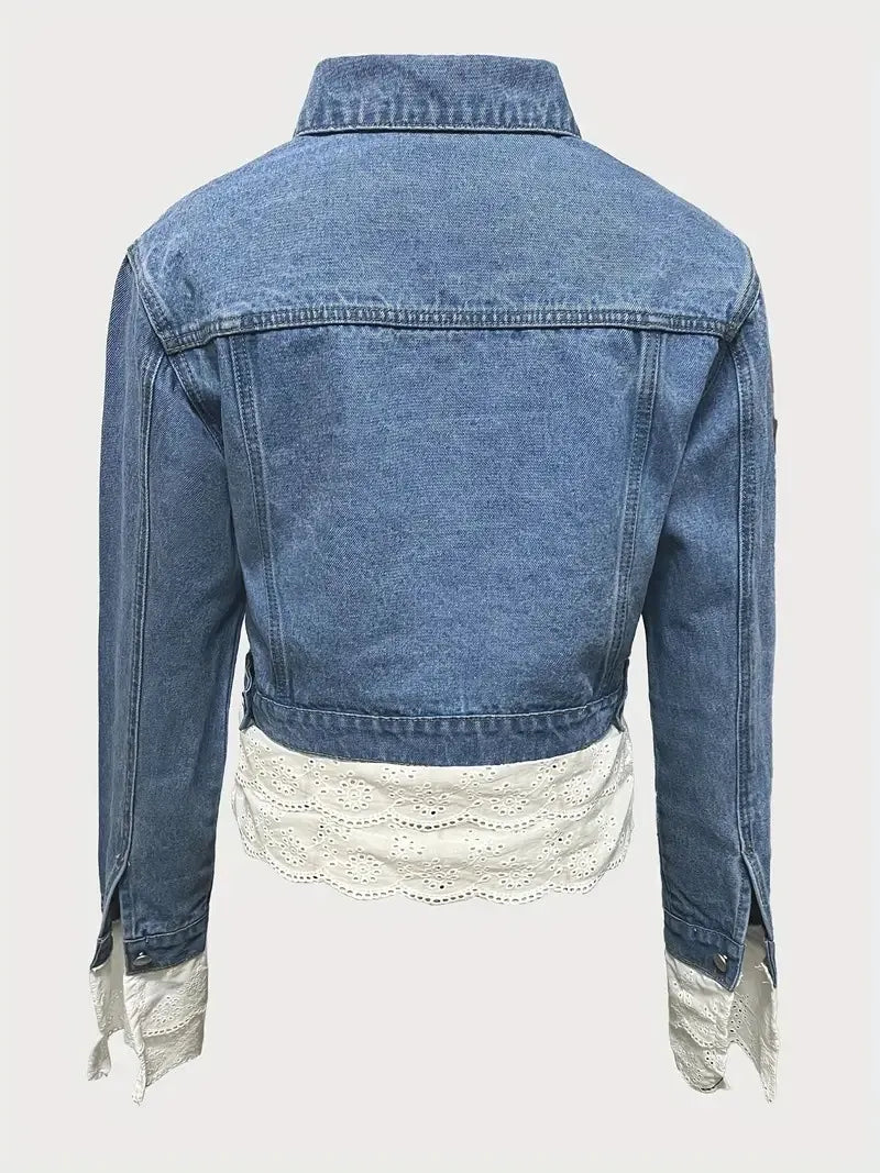 Blue denim jacket with lace trim and lace cuffs