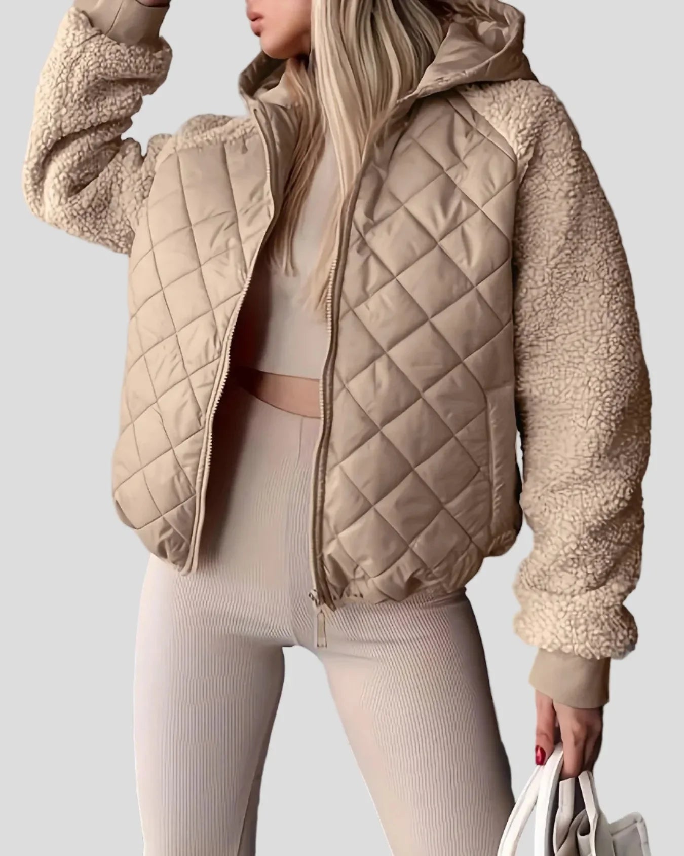 Beige quilted jacket with hood and teddy sleeves