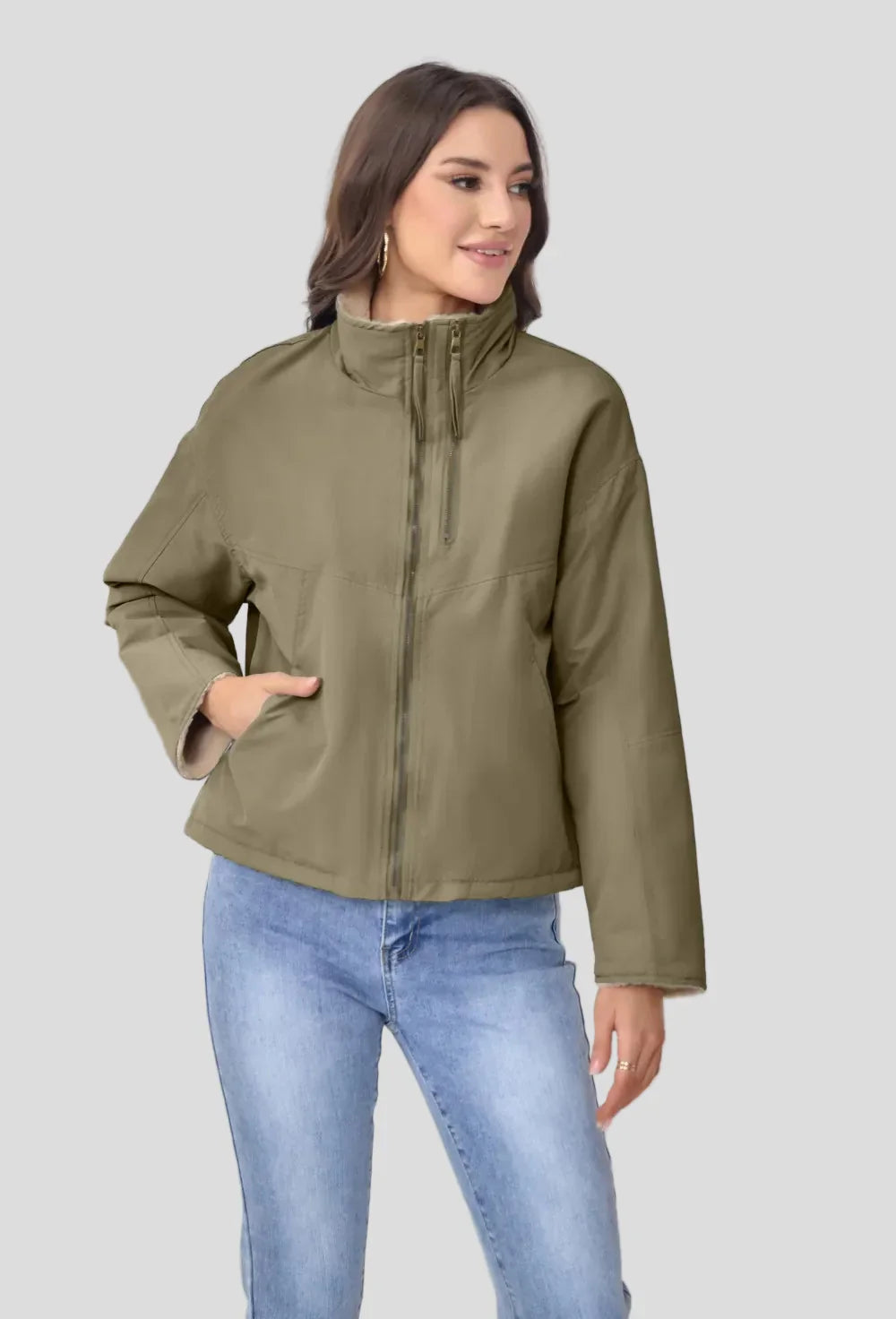 Short puffer jacket with high collar and soft lining