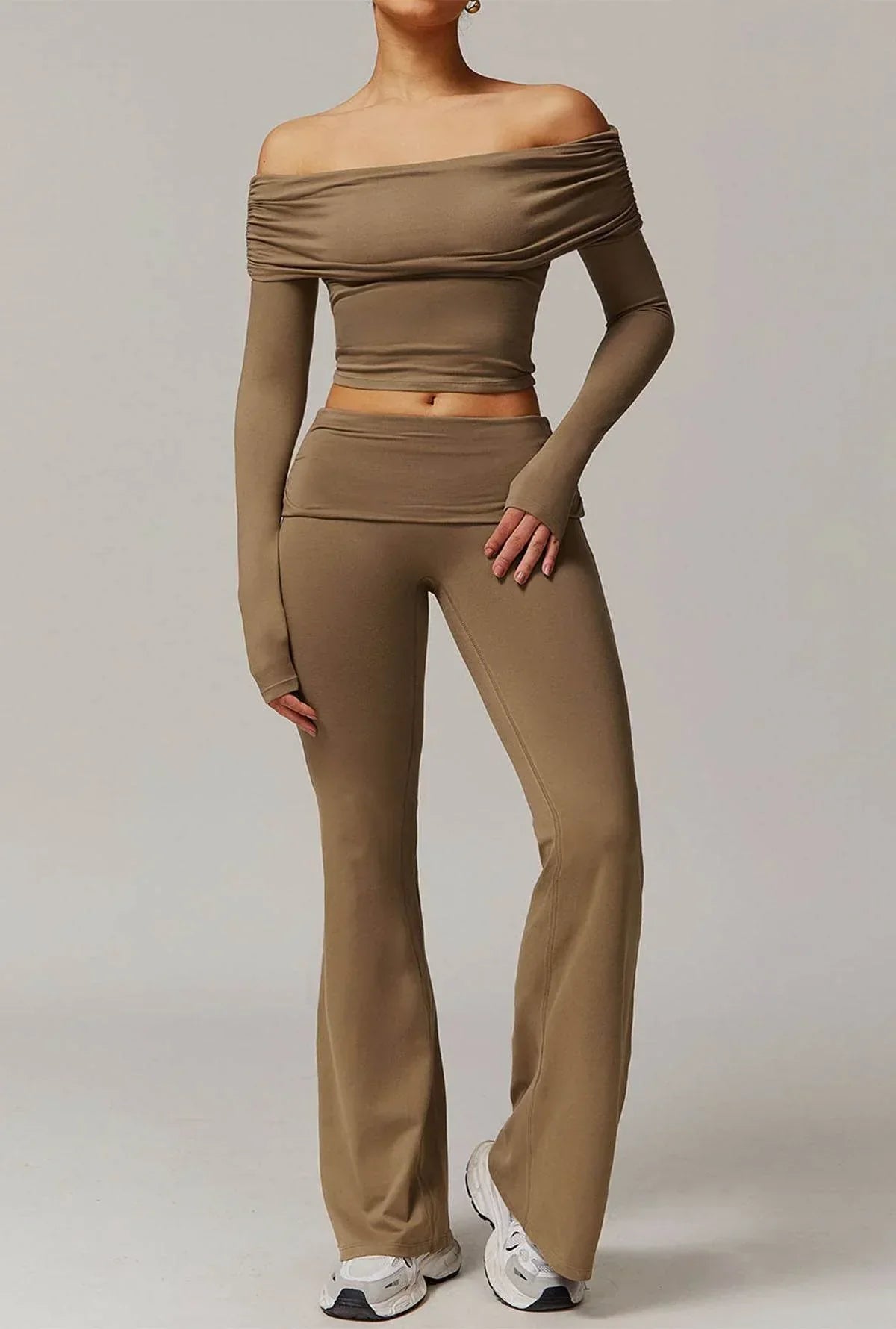 Off-the-shoulder set with flared pants