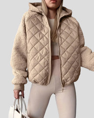 Beige quilted jacket with hood and teddy sleeves
