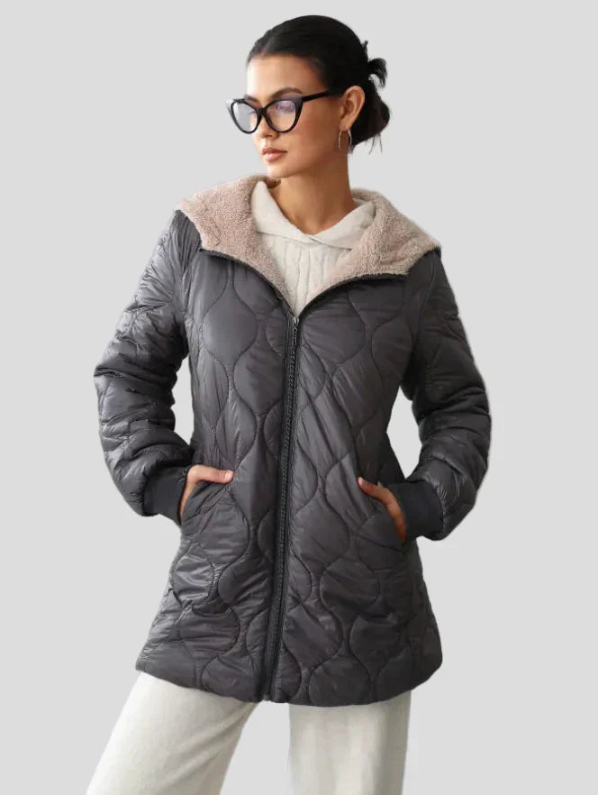 Quilted mid-length jacket with soft collar — front zip