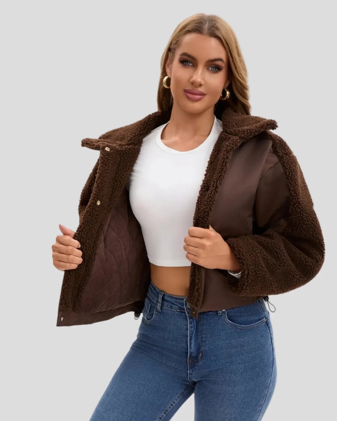 Puffer jacket with high collar and textured sleeves - drawstring at hem