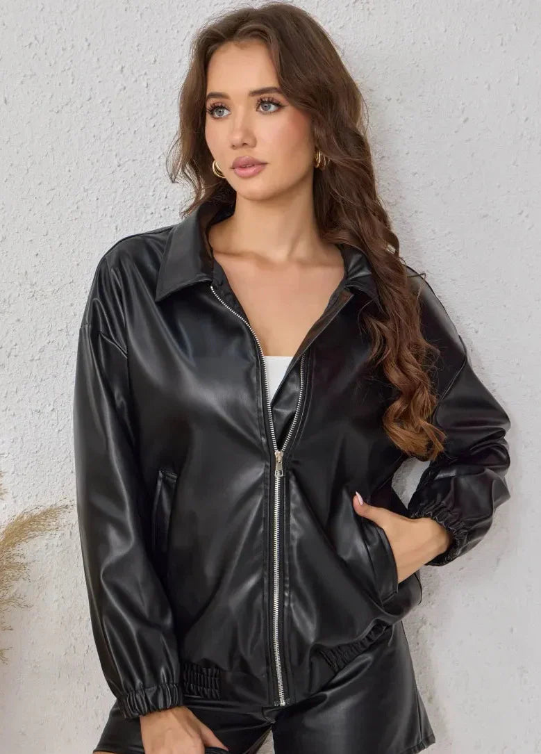 Black bomber jacket with zipper and elastic hem