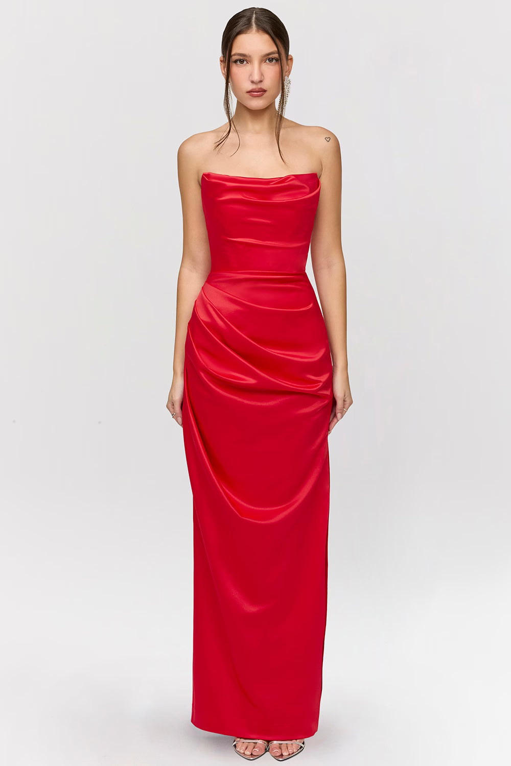 Red satin strapless long dress