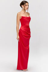 Red satin strapless long dress