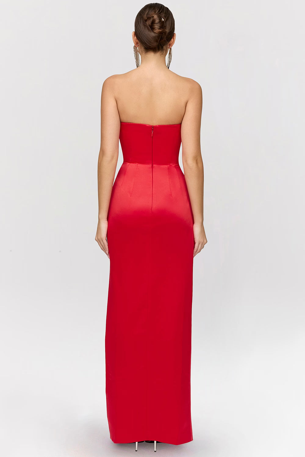 Red satin strapless long dress