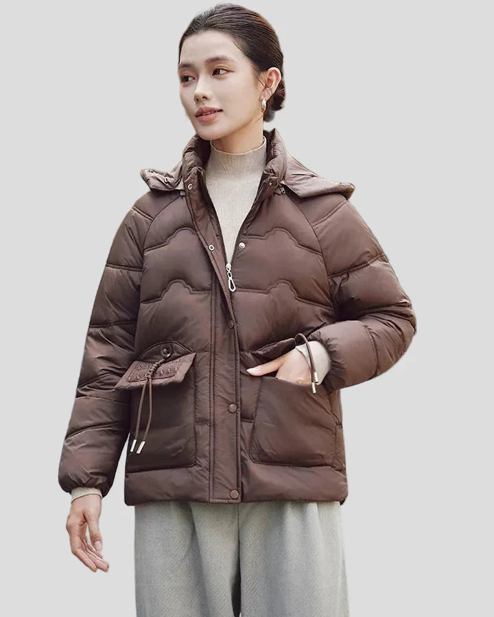 Puffer jacket with hood and drawstring pockets