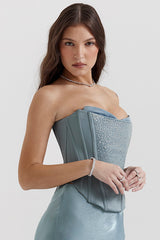 Djupblå dekorerad satinkorsett med kjol