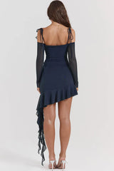 Navy blue ruffled asymmetrical dress