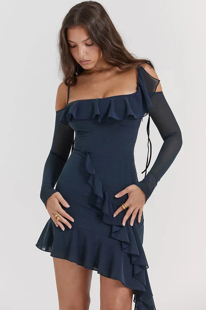 Navy blue ruffled asymmetrical dress