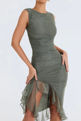 Olive green asymmetrical ruffled dress