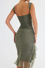 Olive green asymmetrical ruffled dress