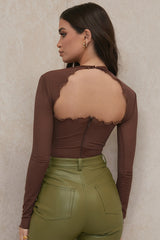 Långärmad bodysuit i mesh med knytband fram