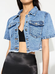 Light blue cropped denim jacket with short sleeves