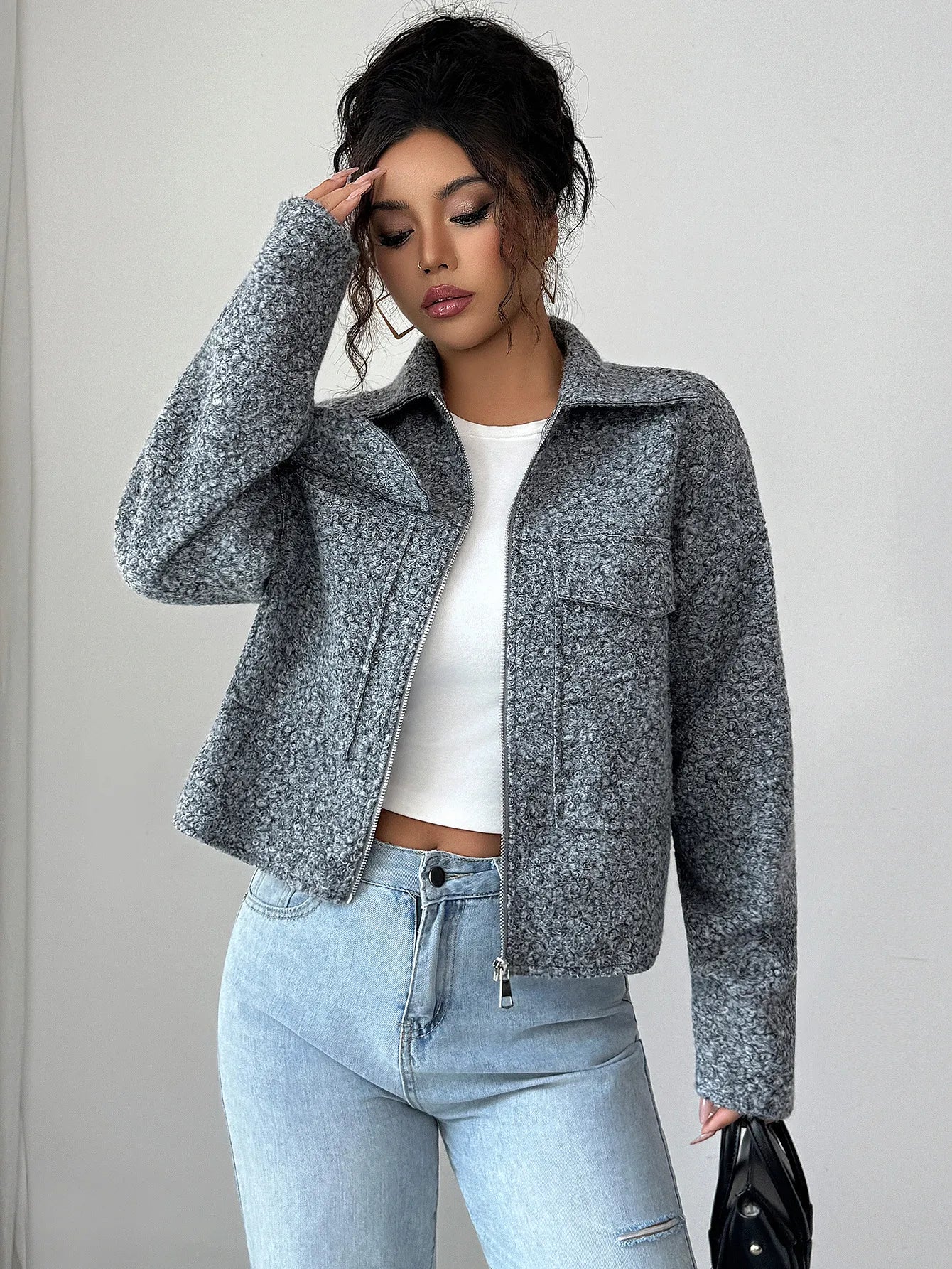 Gray textured zip-up shirt jacket