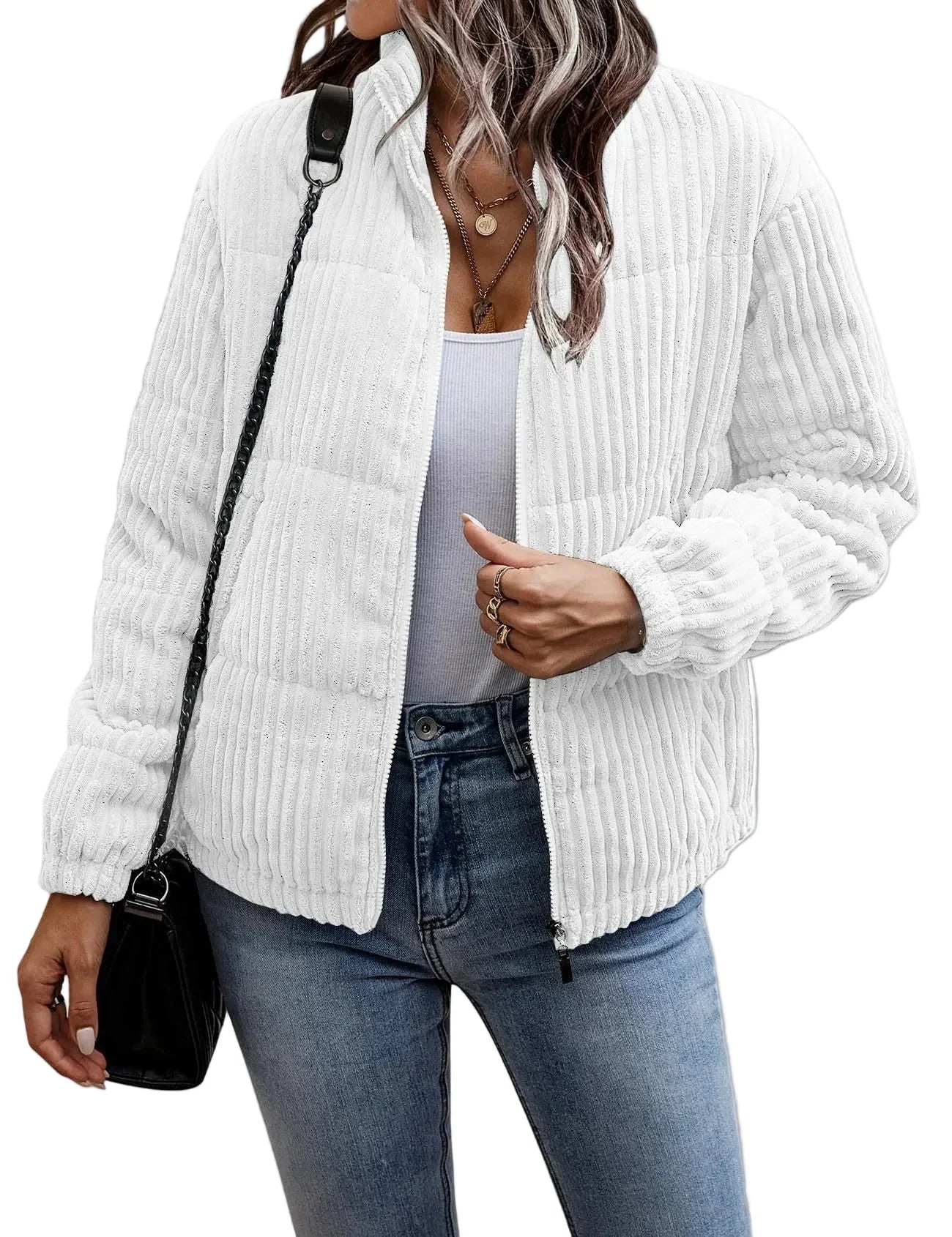 Ribbed padded jacket with stand-up collar