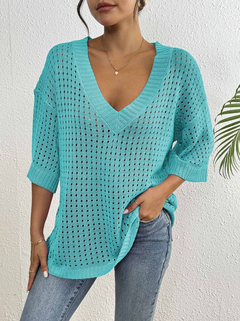 Blus ihålig vävd V-ringning