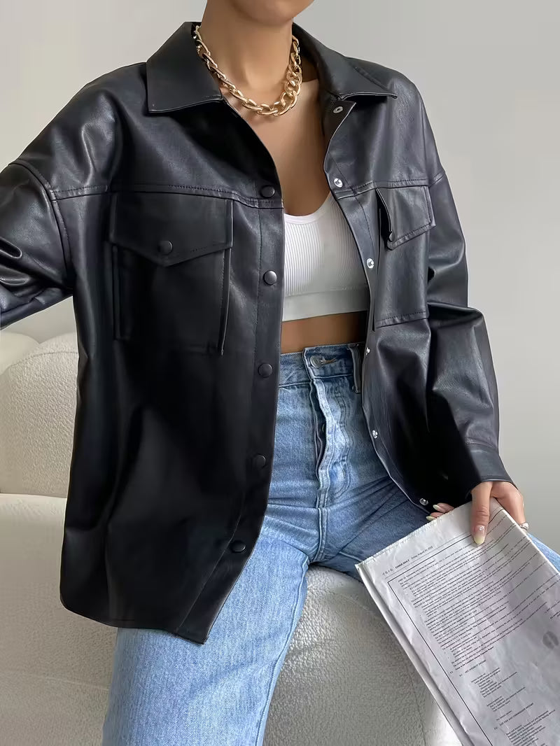 Black oversized shirt jacket with snap buttons