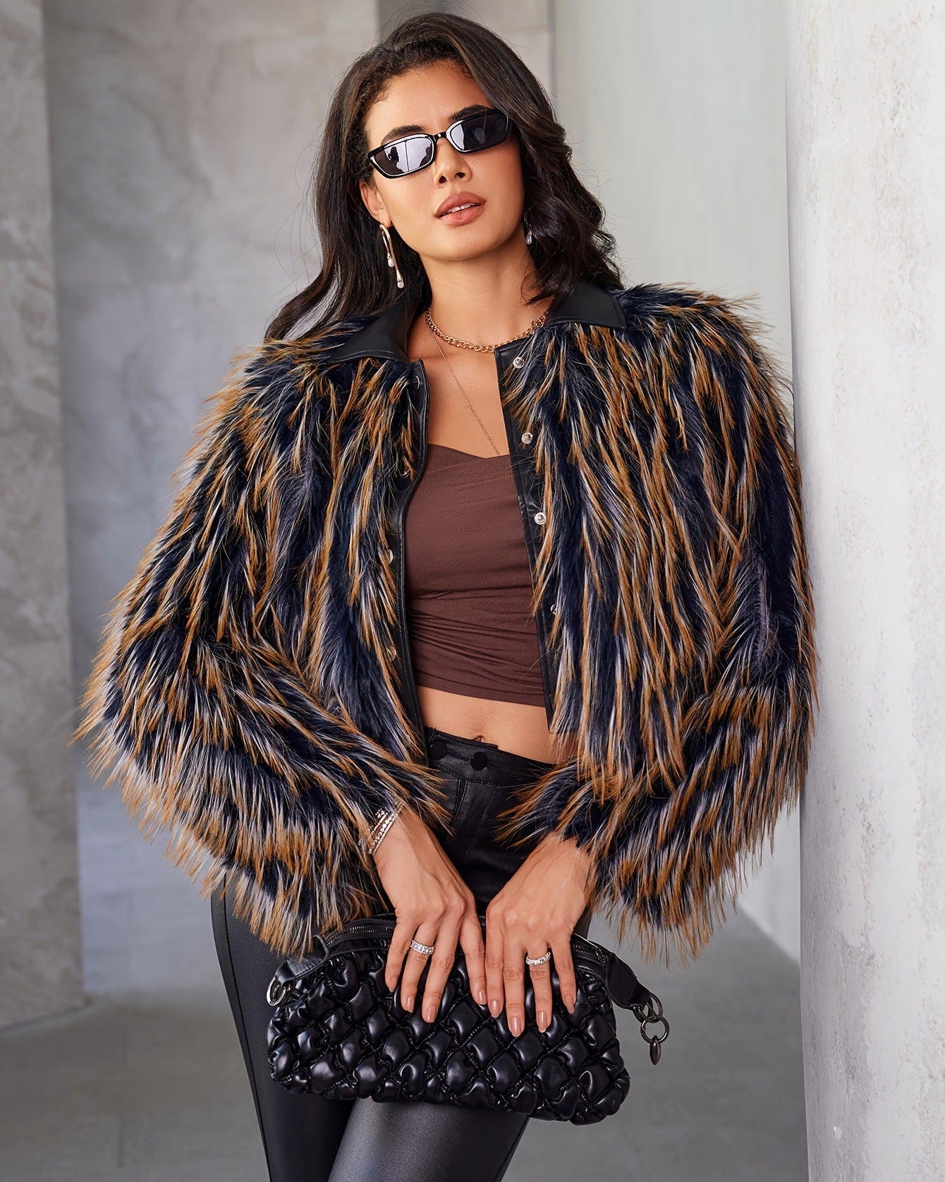 Black–camel striped long-sleeved jacket