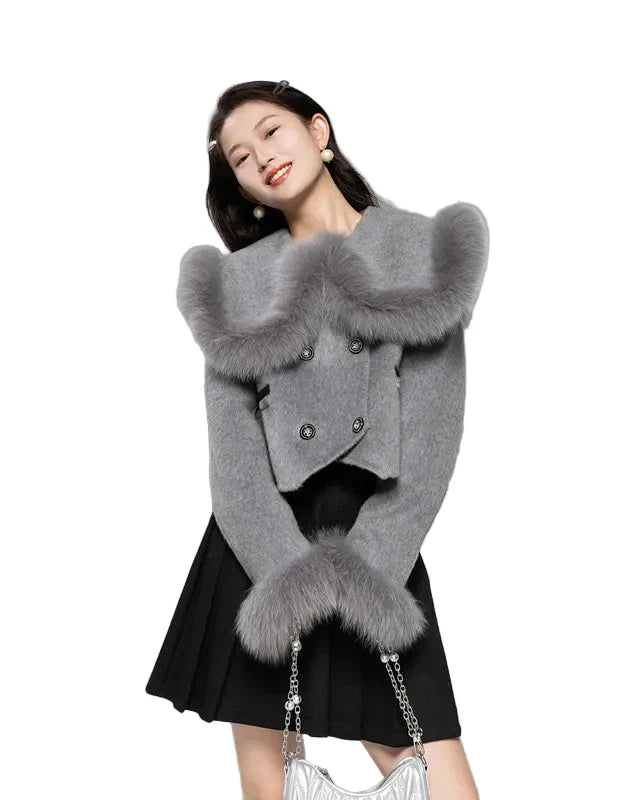 Short double-breasted jacket with fluffy trim