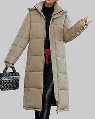 Long puffer coat with hood and high collar