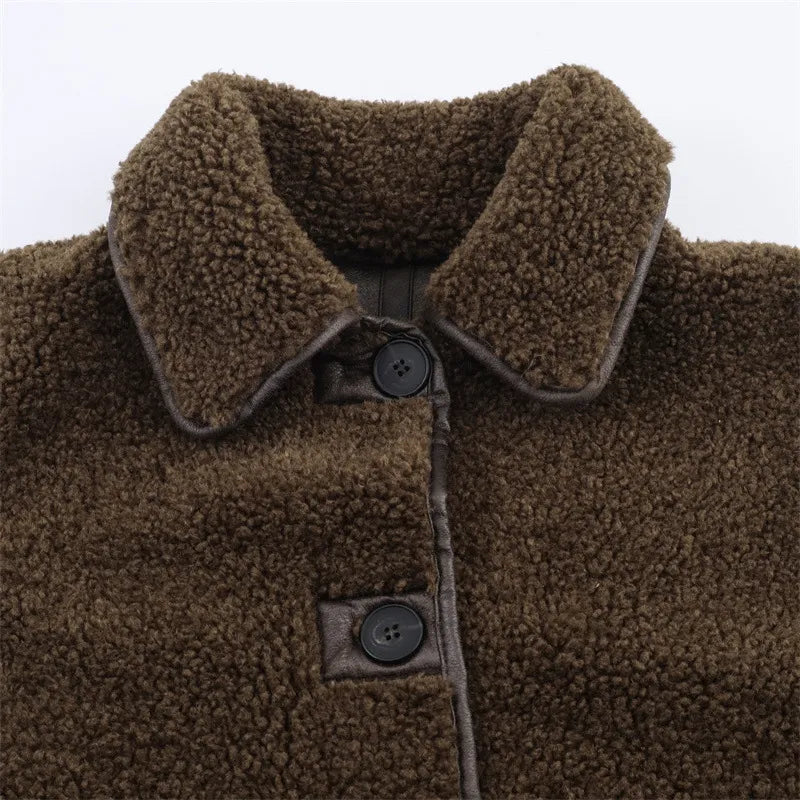 Brown teddy jacket with buttons and zipper pockets