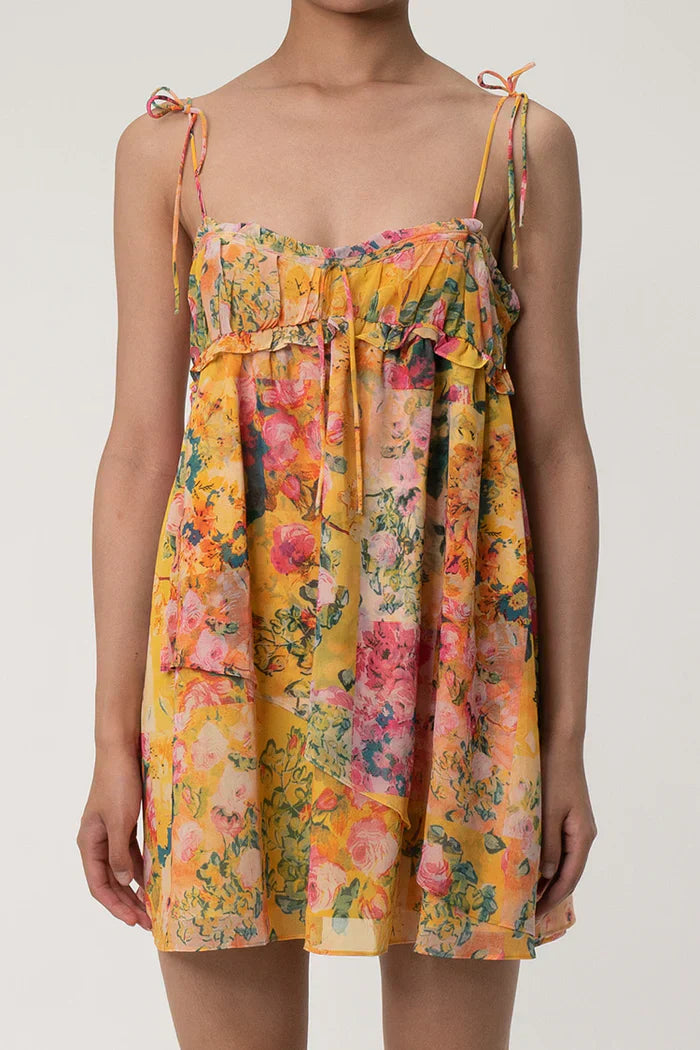 Yellow floral texture mini dress