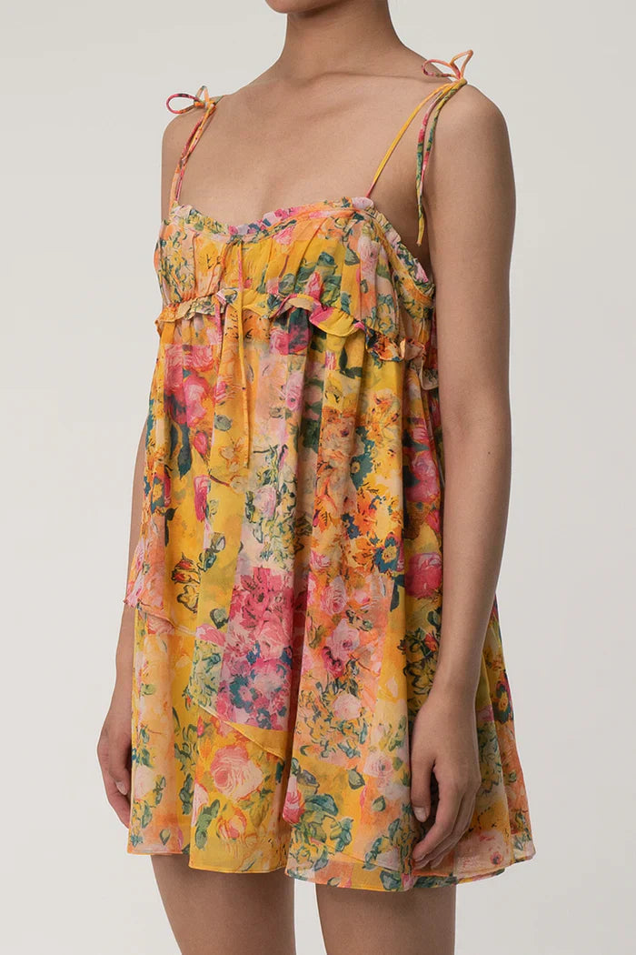 Yellow floral texture mini dress