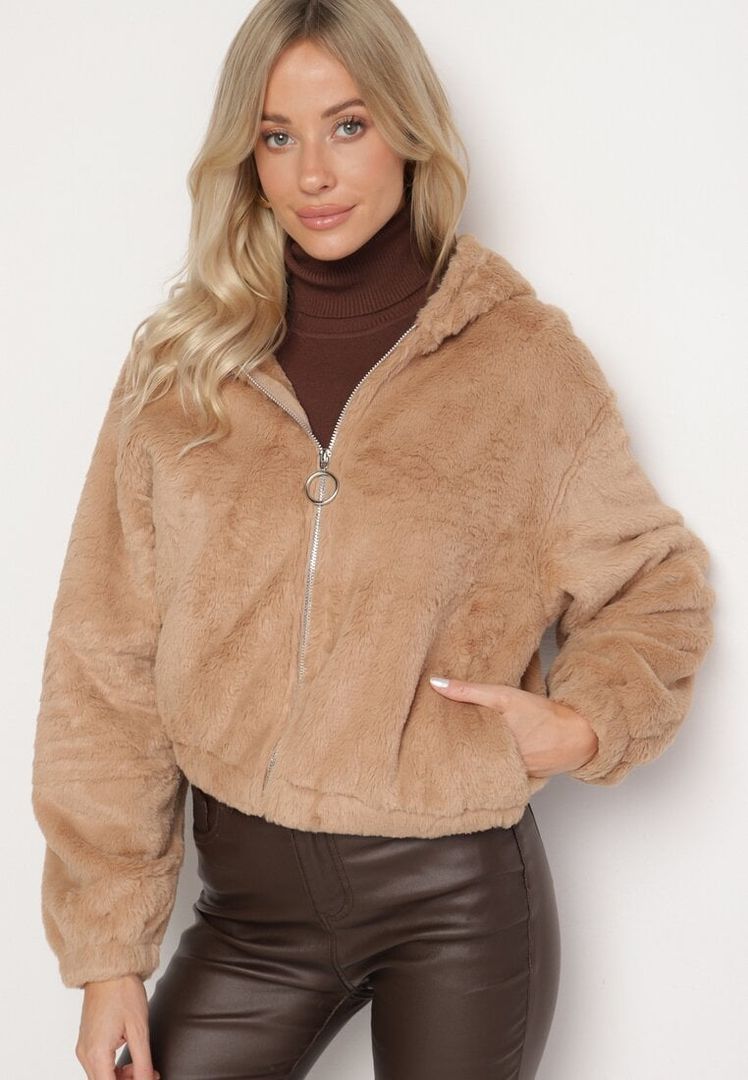 Light brown fluffy jacket with zipper