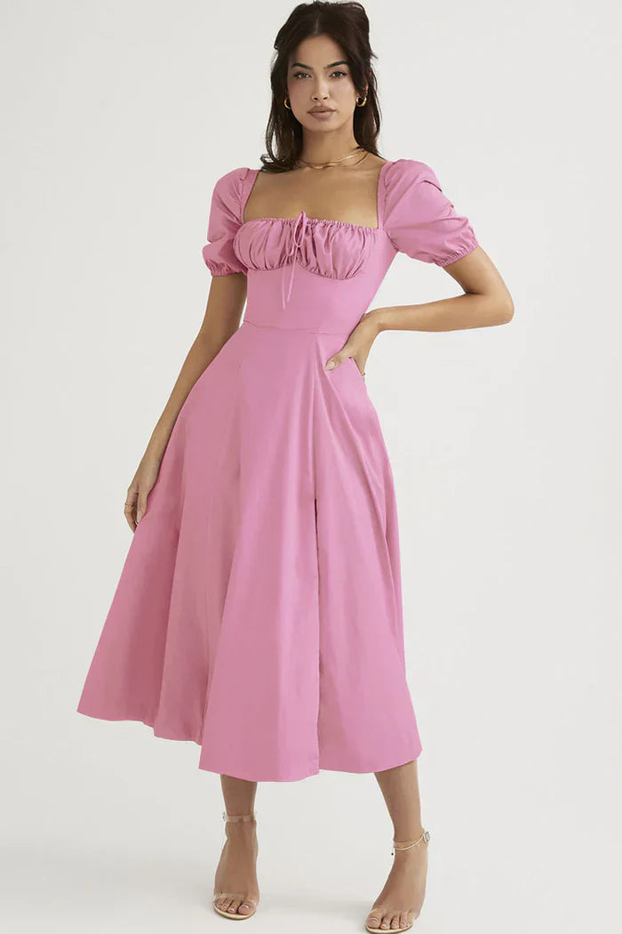 Pink midi dress with puffed sleeves