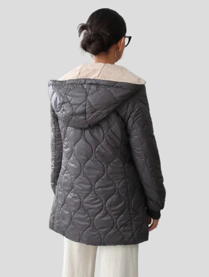 Quilted mid-length jacket with soft collar — front zip