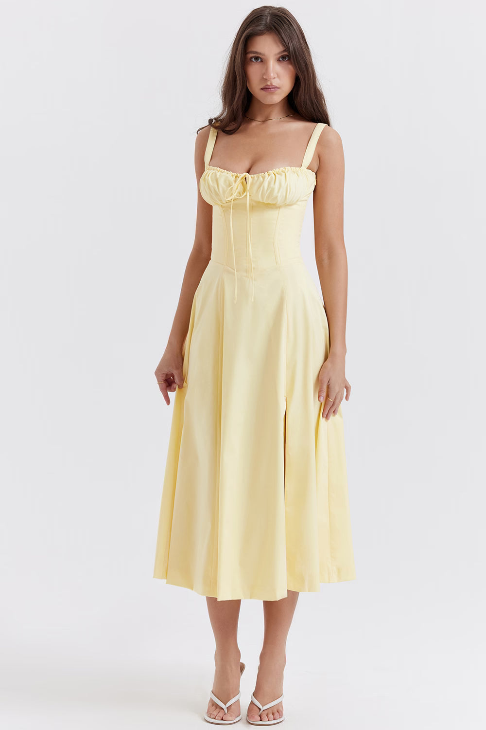 Yellow corset midi dress with slit