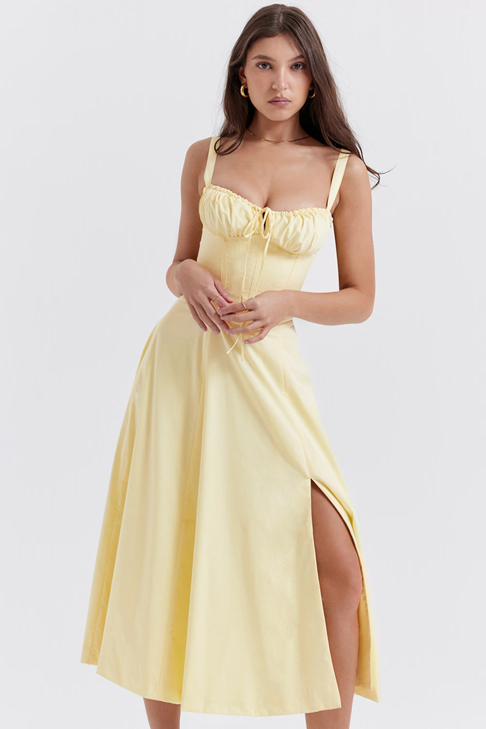 Yellow corset midi dress with slit