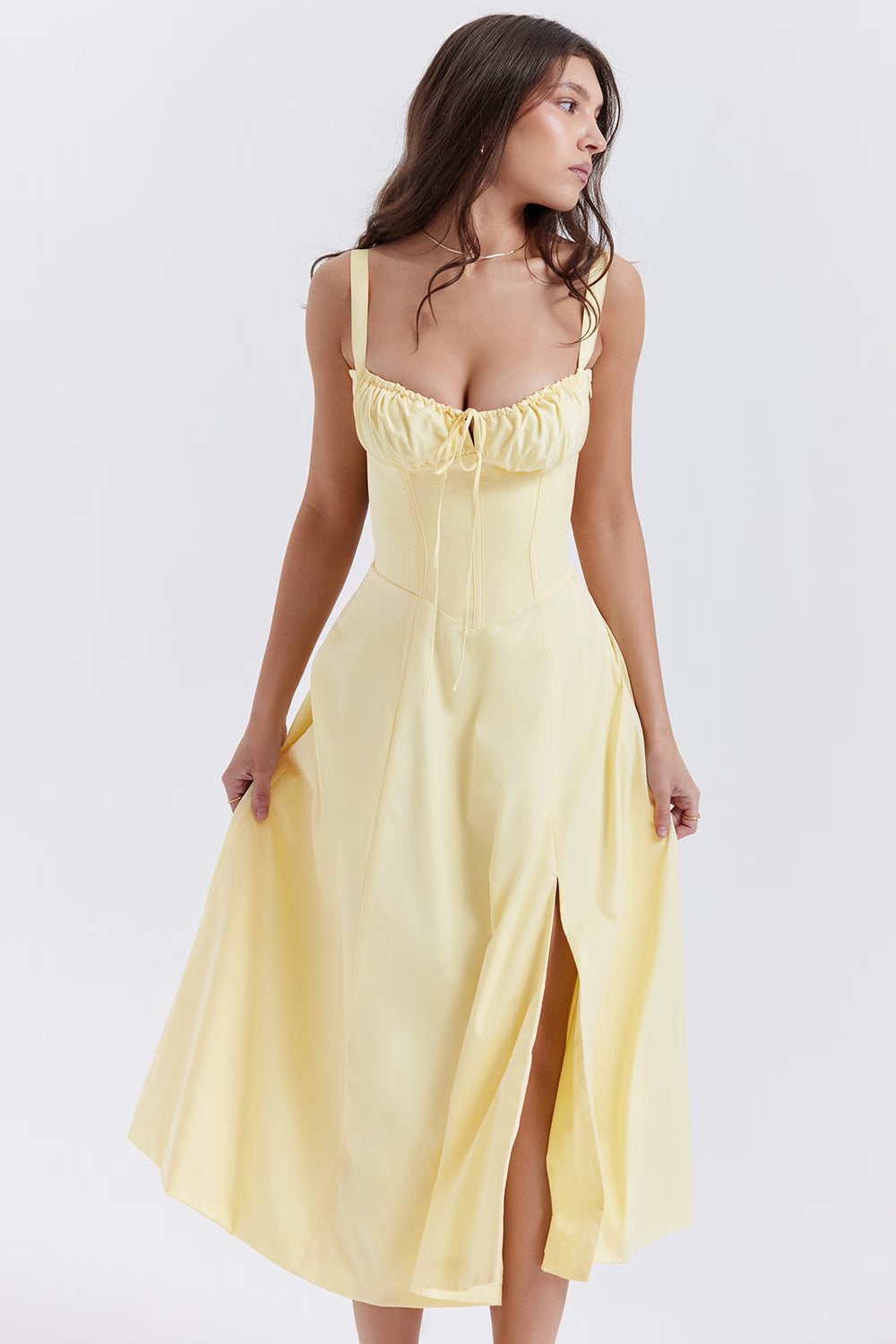 Yellow corset midi dress with slit