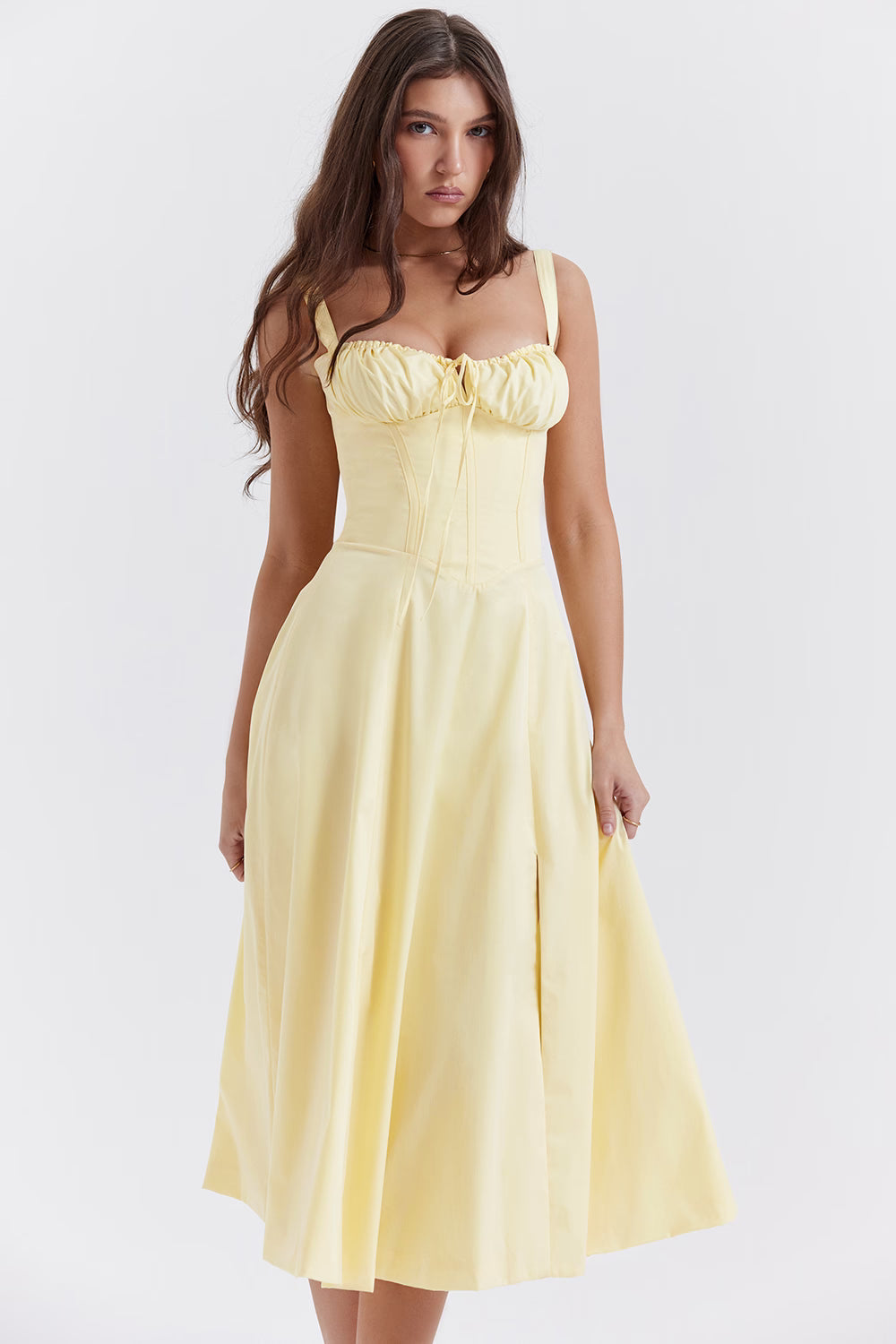 Yellow corset midi dress with slit