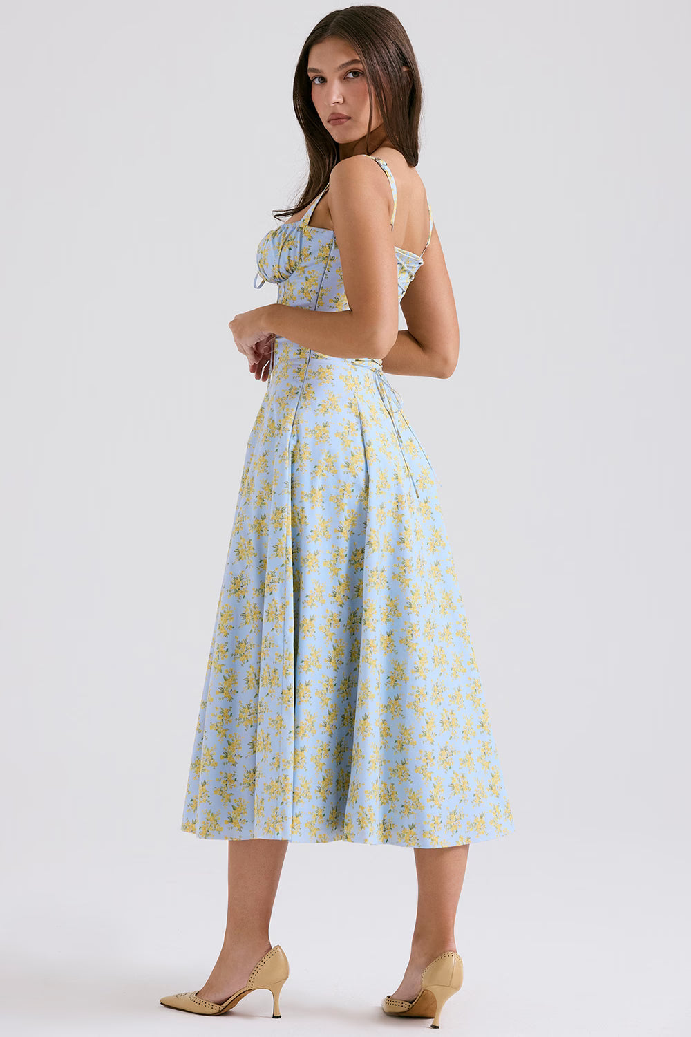 Light blue floral print corset midi dress