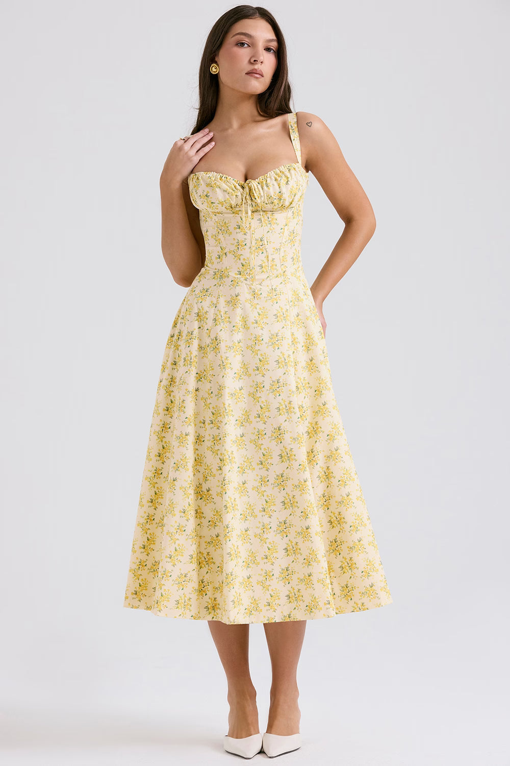 Yellow floral corset midi dress