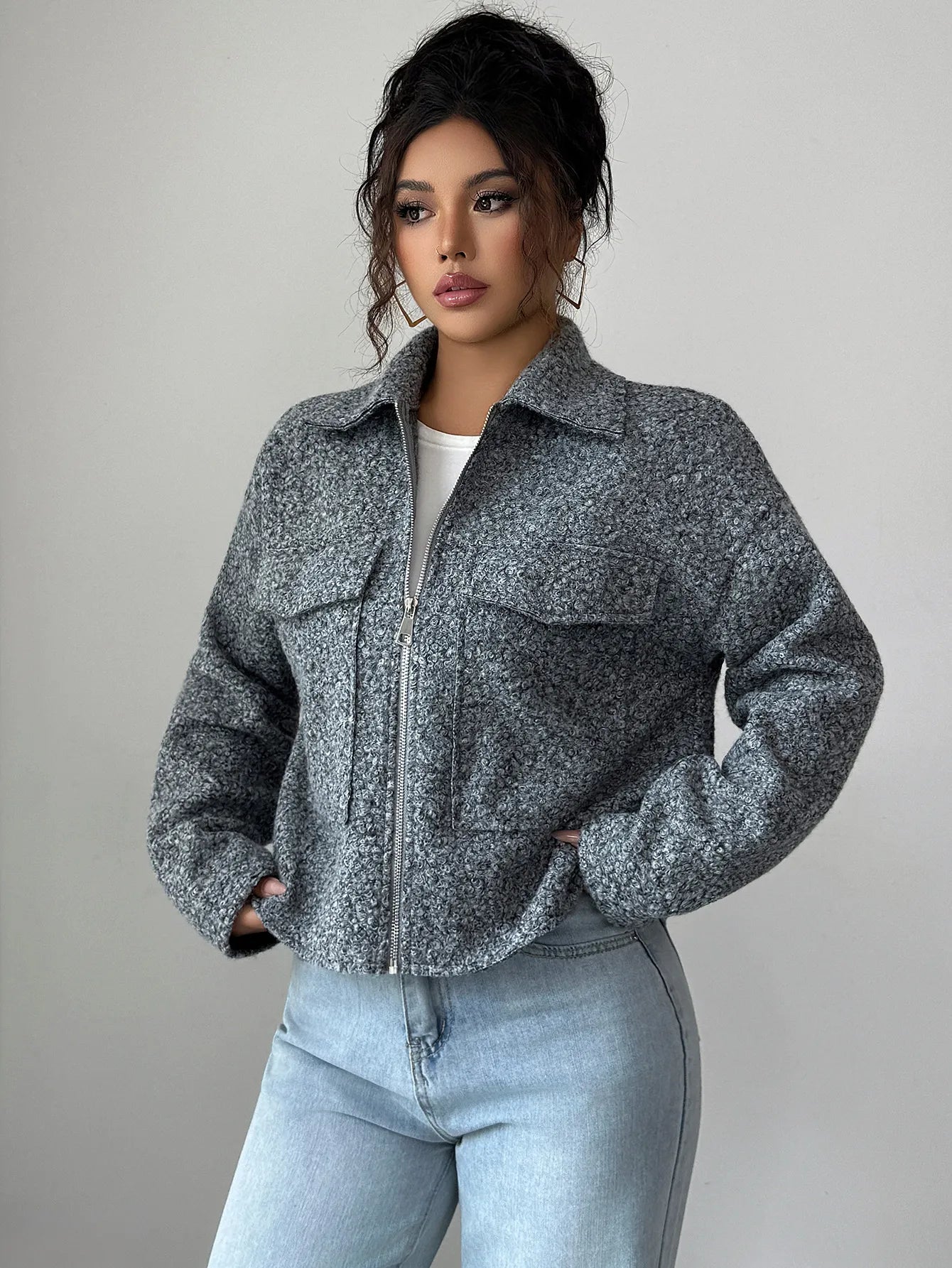 Gray textured zip-up shirt jacket
