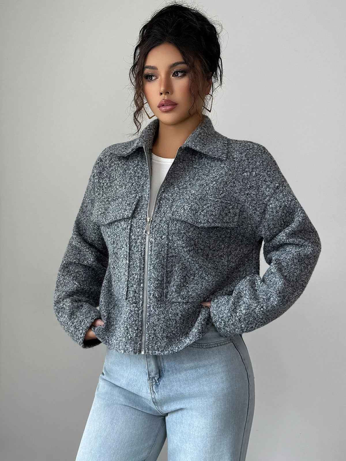 Gray textured zip-up shirt jacket