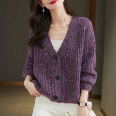 Ribbed cardigan with V-neck and large buttons