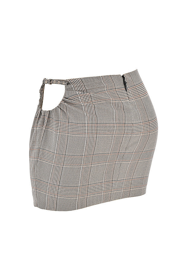 Monokromt rutig korsett med fyrkantig hals och minikjol med utskärning