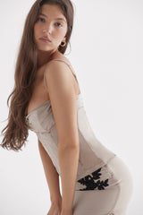 Champagne colored corset set with black lace details