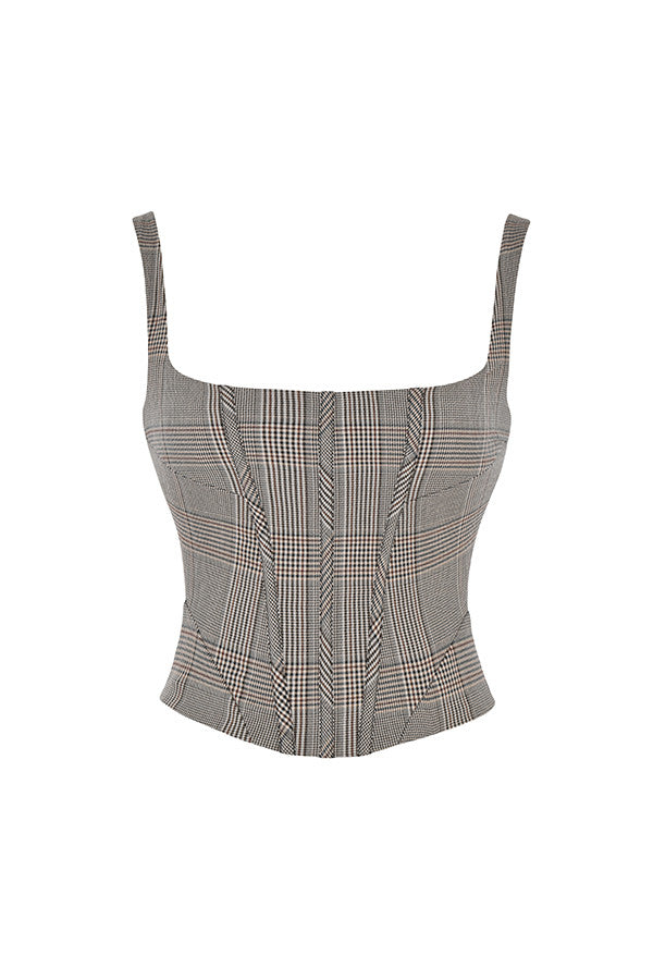 Monokromt rutig korsett med fyrkantig hals och minikjol med utskärning